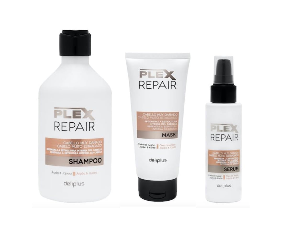 Pack 3 - Shampoo 400 - Mask 200 - Serum 100 Plex Repair with Argan and Jojoba Deliplus (Pack of 3)