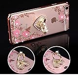 iPhone 8 Plus Case,iPhone 7 Plus Case,ikasus Pink Butterfly Flower Glitter Bling Crystal Rhinestone Diamond Clear Rubber Rose Gold Plating Kickstand Soft TPU Cover Case for iPhone 8 Plus / 7 Plus