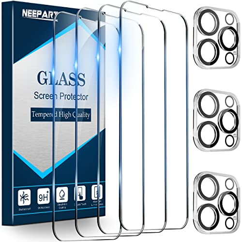 NEEPART 4+3 Pack Screen Protector for iPhone 14 Pro Max, 4x Tempered Glass + 3x Camera Lens Protector; 9H Hardness, 99.99% Clarity, Face ID Compatible, Case Friendly