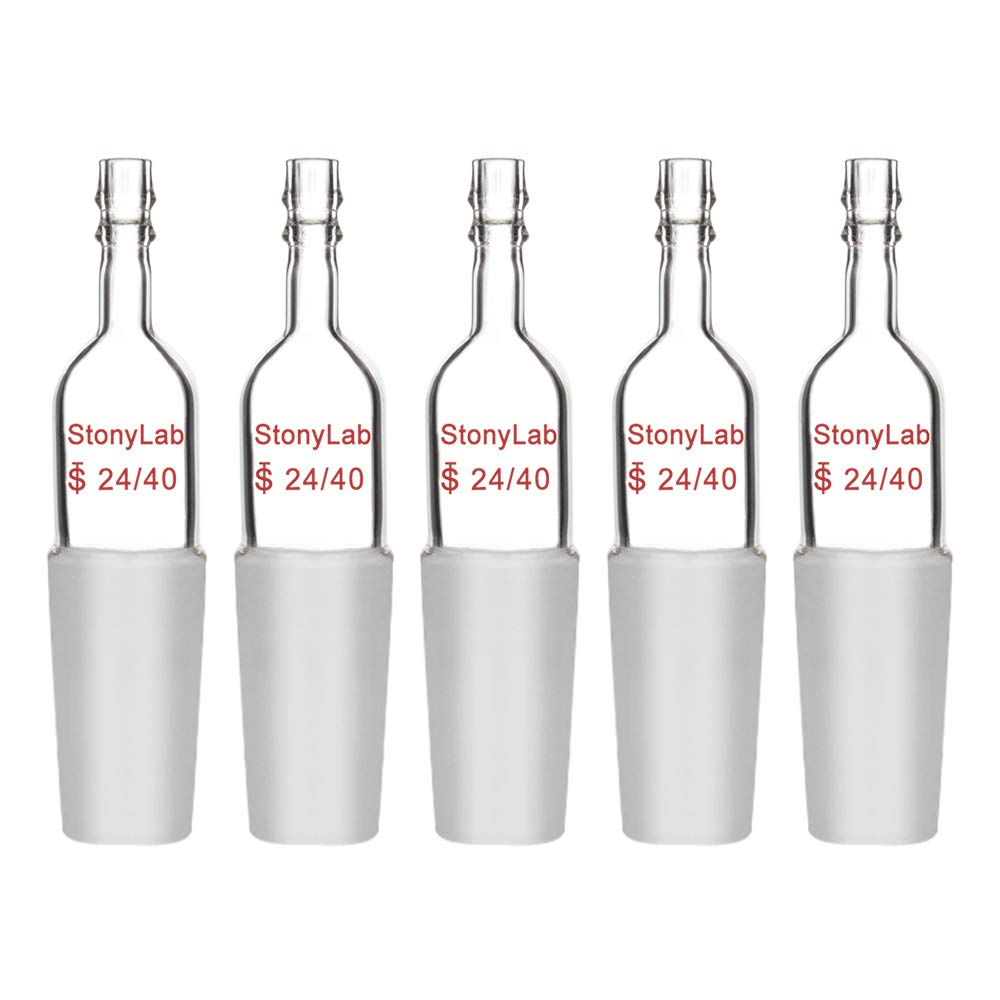 StonyLab Glass Straight Inlet Adapter With 24/40 Male Glass Joint and 10mm Hose Connection Lab Glassware, 5 Packs