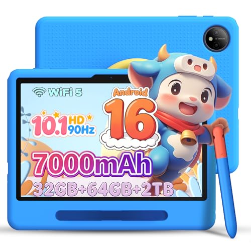 POPUX P10 Kid Tablet 10 Inches, Tablet for Children with 32GB RAM+64GB ROM, 90Hz Android 16 Tablet with Gemini AI, T310 Quad-Core, 7000mAh, 5G WiFi, 8MP+5MP, Tablets with Pen, Silicone Case, Blue
