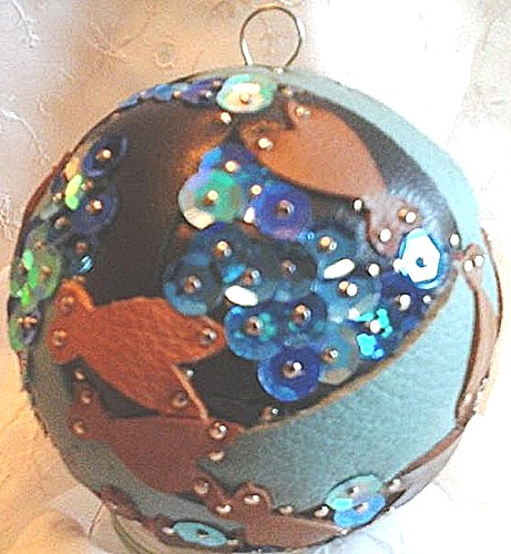 Boule Déco Noël Provence Cigales Cuir Véritable Noir Bleu