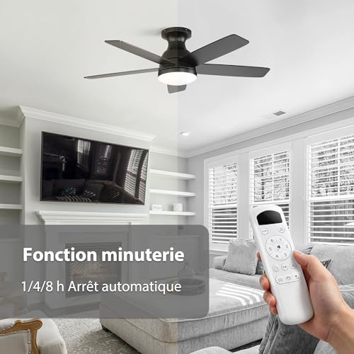 OZENAOS Ceiling Fan with Light, 112 cm (44 Inches), Silent DC Motor, Remote Control, 6 Speed, Timer, 3 Colours of Dimmable, Black, for Living Room, Bedroom
