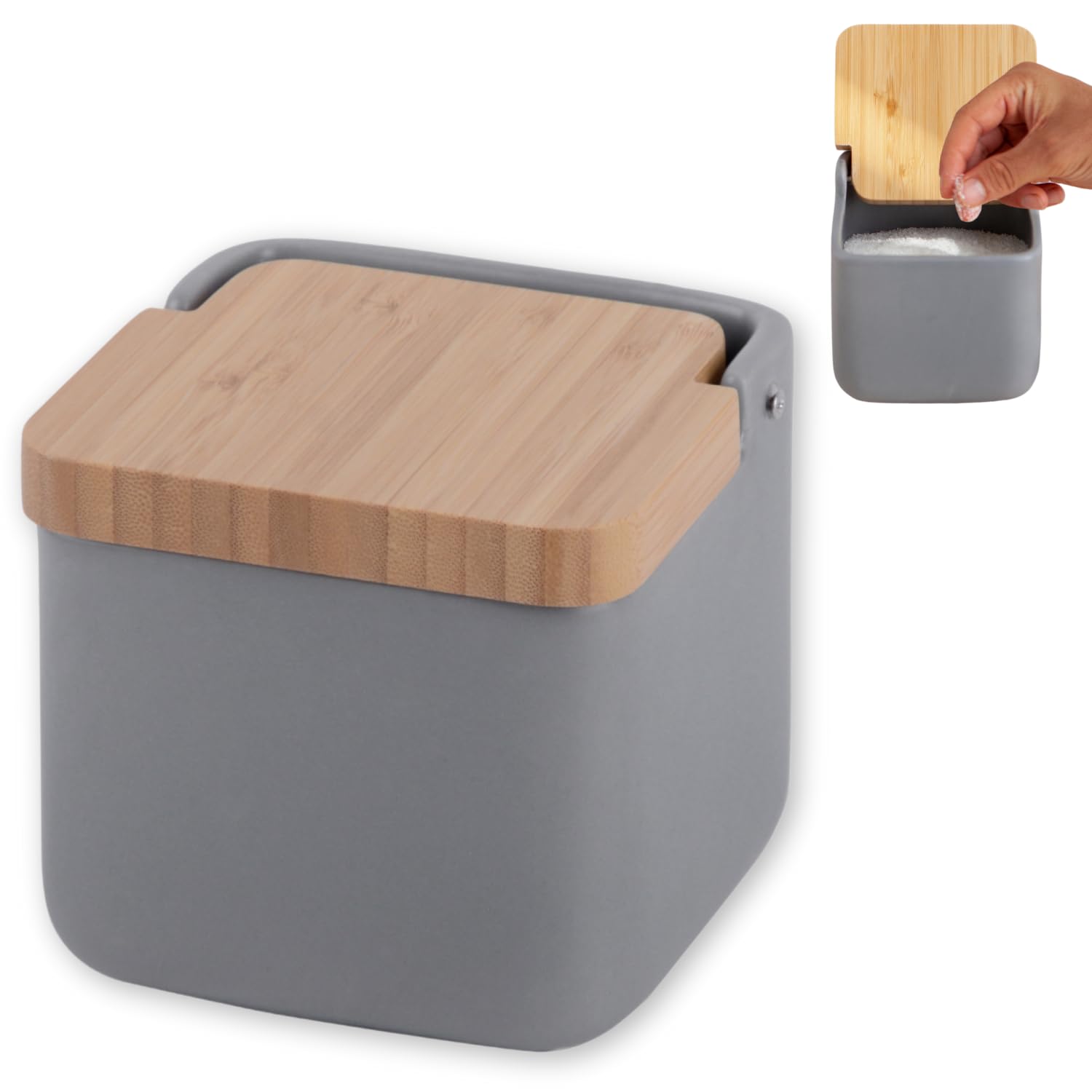 KOOK TIME Ceramic Salt Cellar with Bamboo Swivel Lid | Modern Kitchen Storage Pot for Salt, Spices or Sugar | 11.5 cm Grey Matt Finish
