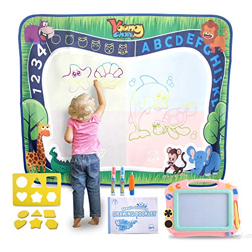 Young Choi's Kids Doodle Toy Magnetic Drawing Board and Water Doodle Mat 2 in 1 Toy Set Pink, Toddlers Large Aqua Drawing Doodle Mat and Assorted Color Toy Writing Painting Pad