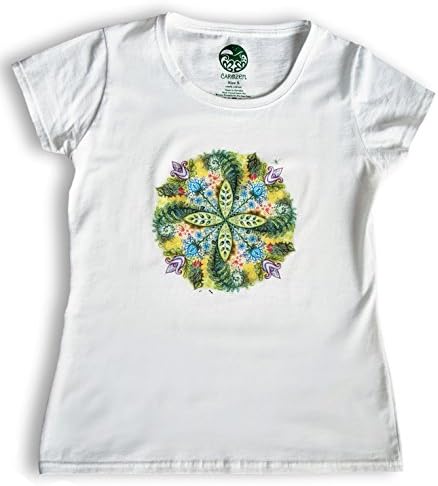 Carozem Tees for Women graphic white cotton tees nature organic mandala hand drawn artwork eco friendly printed T-Shirt (XL)
