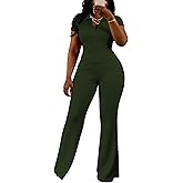 HBQ Women's 2 Piece Outfits Slim Fit V Neck Polo Top Flare Pants Short Sleeve Casual Matching Set