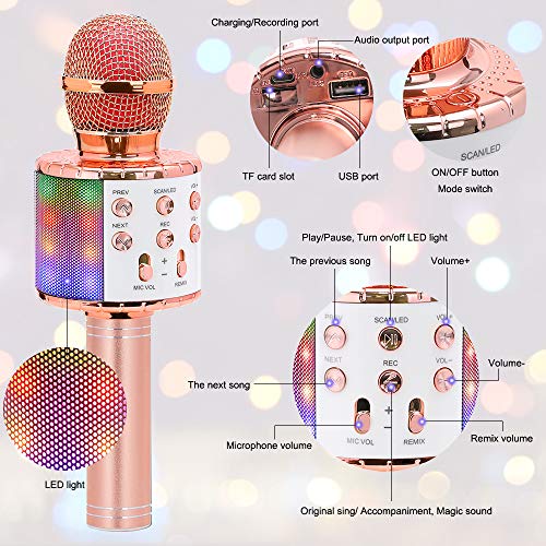 Bluetooth Karaoke Wireless Microphone, Ankuka 4 in 1 Handheld Karaoke Machine Speaker Player with Dancing LED Lights for Home KTV Party/Kids Singing (Rose Gold)
