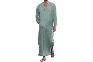 Jacansi Men's V-neck Short Sleeve Robe Side Split Kaftan Cotton Long Gown Thobe S-3XL
