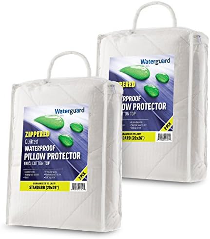 WaterguardQuilted Pillow Protector - Waterproof and Bed Bug Proof Standard Size Zippered Pillow Protector - Luxury Designed Pillowcases Protects Pillows from Dirt, Dust Mites, Stains, & Spills