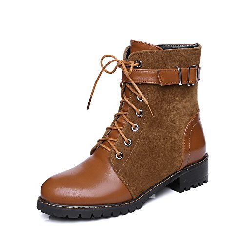 AllhqFashion Women's Round Closed Toe Low Heels Mid Top Solid Boots, Brown, 36 AllhqFashion Women's Round Closed Toe Low Heels Mid Top Solid Boots, Brown, 36