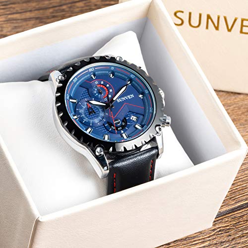 SUNVEN Man\'s Blue Watch Waterproof Sports Quartz Water Resistant 30M with Black Leather Strap Chronograph and Calendar Military Outdoor Style Fashion Watches for Men