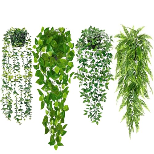 4 Piezas Plantas Colgantes Artificiales,Planta de Vid Adornos,Enredaderas Artificiales con Macetas,Hojas Falsas Decorativas,Decoración de Interior y Exterior,Para bodas,terrazas, casas,dormitorios