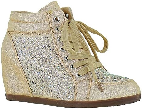 Your Party Shoes Womens Billie Jean Metallic Rhinestone Fashion Wedge Sneaker, Nude, 9 M US