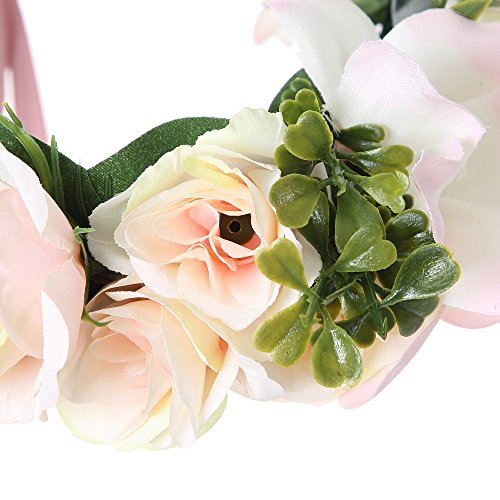 Felice Arts Handmade Boho Flower Headband Hair Wreath Halo Floral Garland Crown Headpiece with Adjustable Ribbon Festival Wedding Party, Champagne