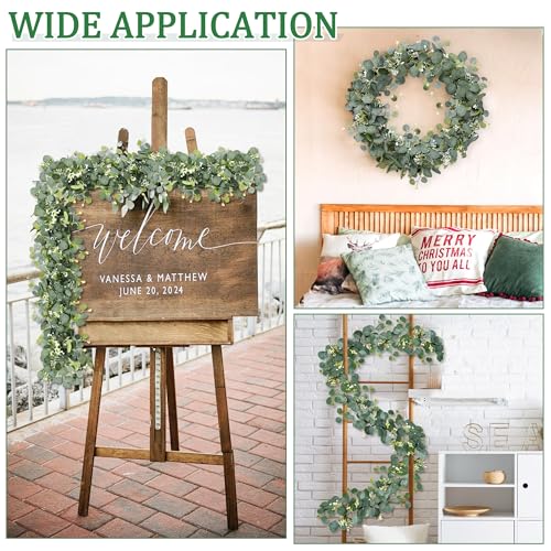ROLLWAY Pack of 2 Eucalyptus Garland, Artificial Garland Plant, 1.8 m, Hanging Green Leaves, Decoration with White Flowers, Silver Dollar, Eucalyptus Vine, for Background, Wedding, Arch, Grey Green