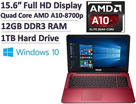 2017 Asus 15.6" Premium High Performance Full HD Laptop - AMD Quad-Core A10-8700P Up to 3.2GHz, 12GB RAM, 1TB HDD, AMD Radeon R6 graphics, DVDRW, WLAN, Bluetooth, Webcam, HDMI, USB 3.0, Win 10 - RED