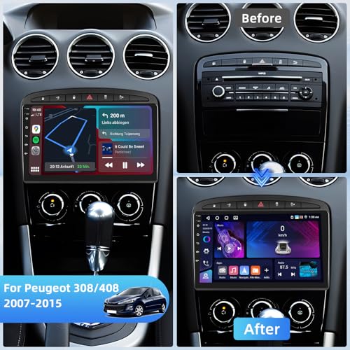 4+64G Wireless Car Radio CarPlay for Peugeot 308/408 2007-2015 Android Auto, Touch Screen Car Radio with Bluetooth 5.0/GPS/Reverse Camera/FM/WiFi/SWC