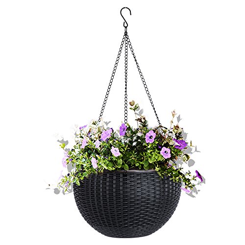 Vencer 11 Inch Round Resin Self Watering Hanging Basket,Water Indicator,Ceramsite,Modern Decorative Planter Pot for All House Plants,Black,VF-050B