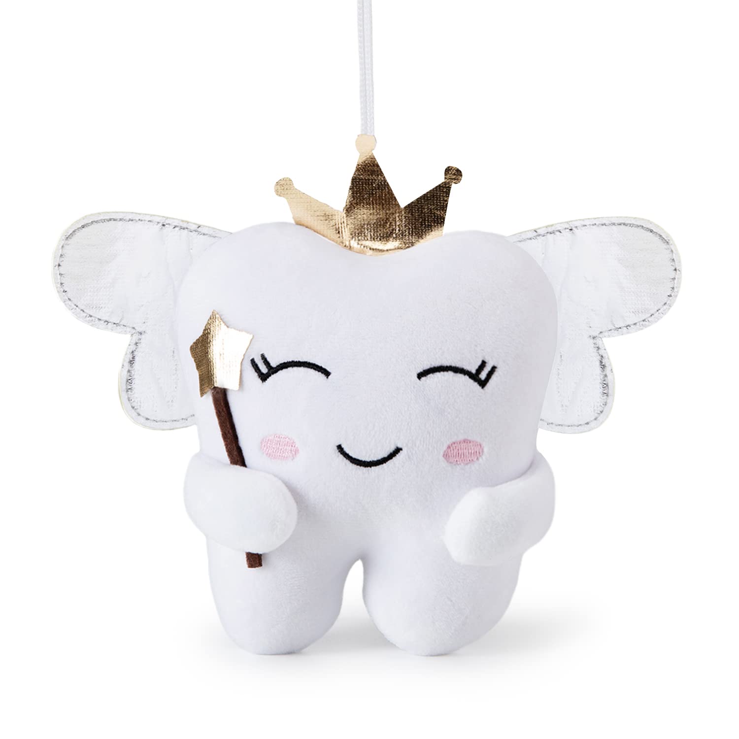 free-space Tooth Fairy Doll with Shiny Wings Embroidered Tooth Fairy Pillow with Pocket Tooth Fairy Souvenir Boy Girl Gift (White)