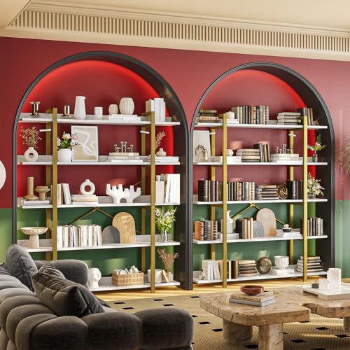 SIMPLE ESPACIO Librero 5 Nivele,Librero Organizador,para Sala/Estudio/Cocina,Estilo Contemporáneo,Estructura Madera y Metal, Tamaño: 170 * 120 * 24 CM, Cada Capa Puede soportar 15 KG. (Mármol+Blanco)