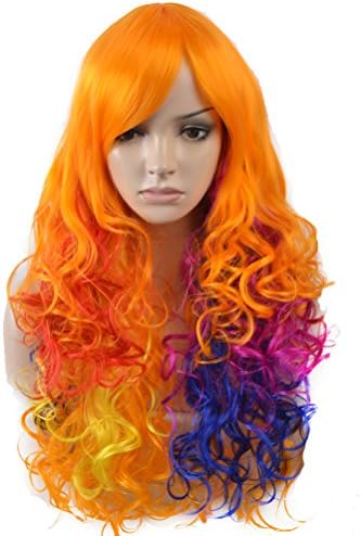 BERON Long Curly Colorful Wigs for Women Girls Rainbow Fun Wigs Come with Wig Cap (Orange/Purple/Blue/Red)