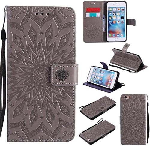 iPhone 6S Plus Case，iPhone 6 Plus Case,Embossed PU Leather Wallet Cover Shock Proof Cover with Inner Soft Bumper Cover Credit Card Holder with Wrist Strap for Apple iPhone 6S Plus -Sunflower Gray