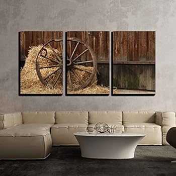 wall26 - 3 Piece Canvas Wall Art - The Old Antique Wheel from cart on Background of hay and barn - Modern Home Decor Stretched and Framed Ready to Hang - 16