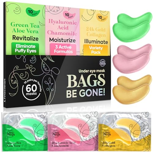 LivaClean 24k Gold Under Eye Patches - 60 Undereye Masks - Collagen Eye Patches for Puffy Eyes and Dark Circles - 3 Active Formulas, Hyaluronic Acid, Collagen, and Aloe Vera for Tired, Puffy eyes