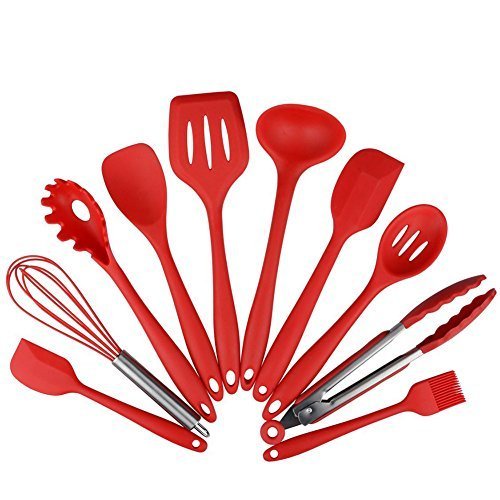 XJAMUS 10 Pieces Silicone Cooking Utensils,Heat Resistant Kitchen Tool Non-Stick Cookware Spatula Utensil Set (Red)