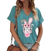 Ovazly Easter V Neck Shirts for Women Happy Easter Bunny with Glasses Blouse Casual Graphic Spring Colorful Tops Tee