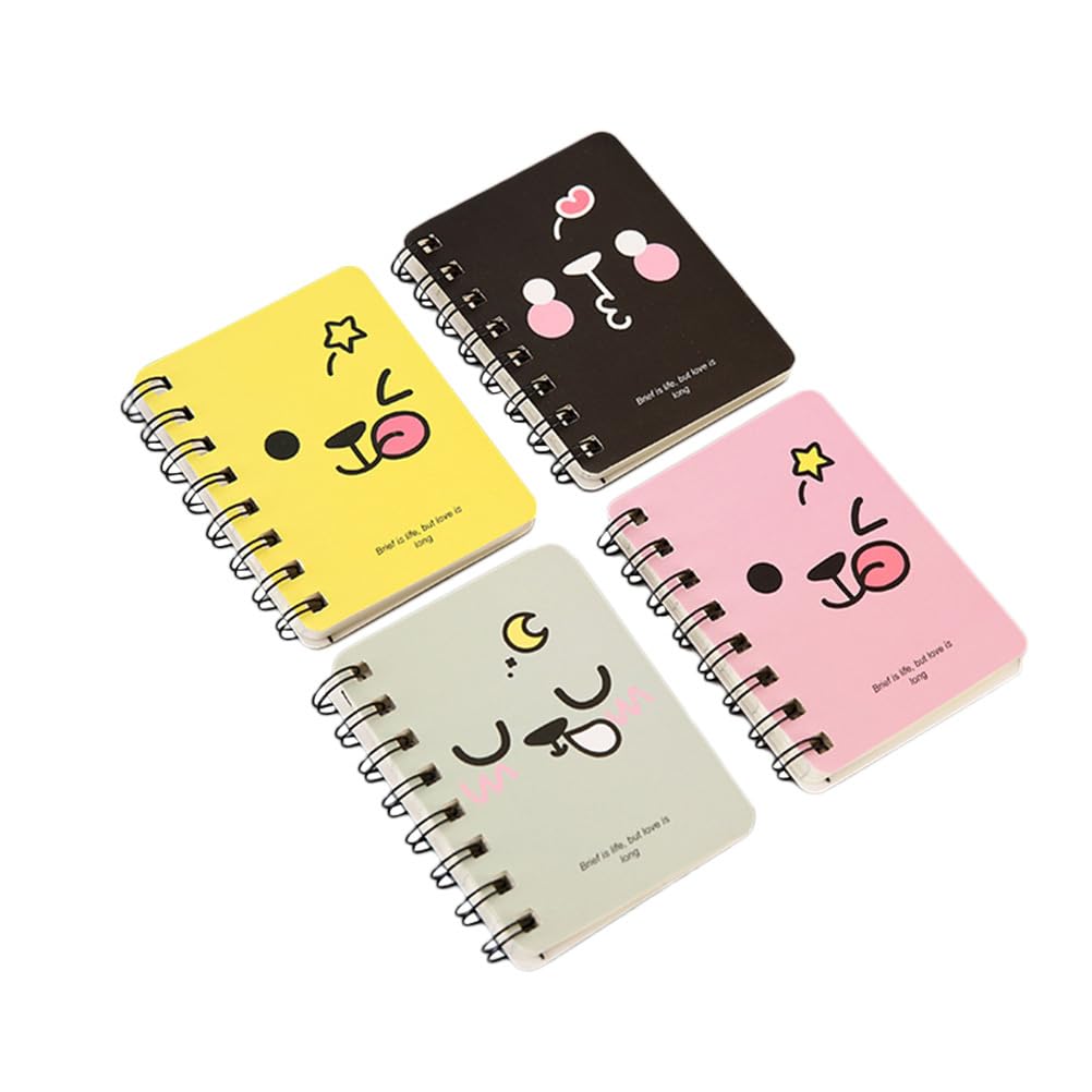 Tofficu 4pcs Mini Cartoon Notepad Pocket Travel Journal Notebook with Memo Pad Cute Pink Yellow Gray Black Mini Note Books for School Office Daily Use