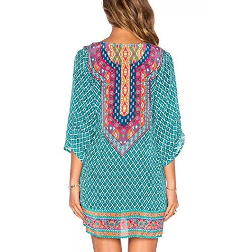 Han Shi-Dress Clearance Dress-Han Shi Women Vintage 3/4 Sleeves Geometric Print Summer Sundress (Green, S) - Thumbnail 2