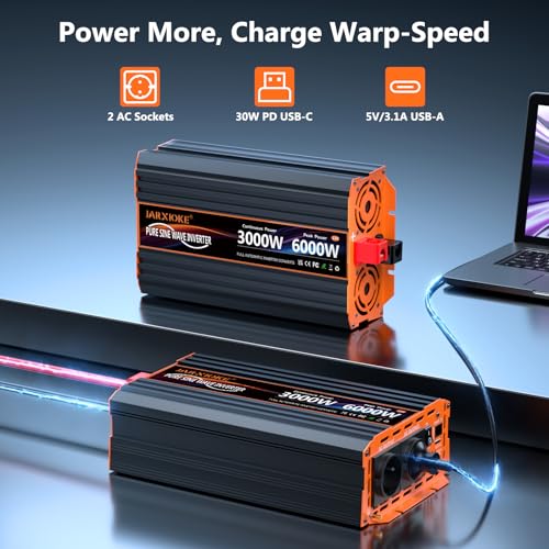 3000 W Inverter 12 V to 230 V Pure Sine Wave Voltage Converter with 2 EU Sockets, 30 W USB-C, 5 V 3.1 A USB, LCD Remote Control, for Caravans, Trucks, Solar Energy, Peak Power 6000 W