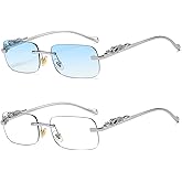 TOSGMLOUS Vintage Small Rimless Rectangle Sunglasses Metal Gold Silver Leopard Eyewear for Women Men