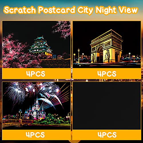 Koogel Kratzbilder, 16 Baltt 200 x 140 mm Scratch Paiting Paper Weltberühmte Sehenswürdigkeiten Feuerwerk Beschichtete Bunte Kratzpapier mit Werkzeug Set für Erwachsene