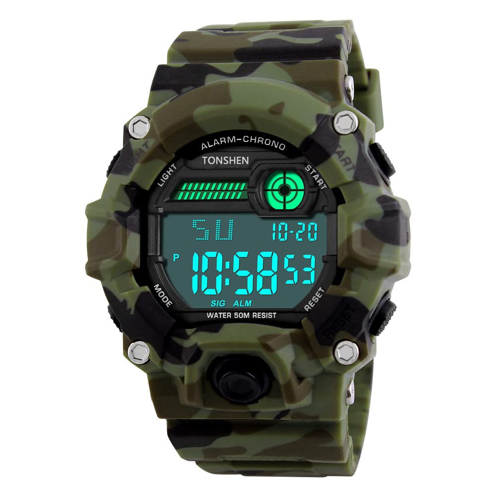 TONSHEN Men's LED Digital Watch Waterproof 50M Water Resistant Outdoor Sport Watch Military 12H/24H Time Electronic Army Camouflage Plastic Case with Rubber Strap Backlight Calendar Stopwatch