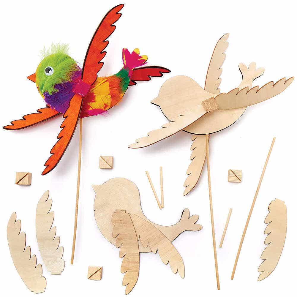 Baker Ross FC689 Bird Wooden Windmill Kits - Pack of 3, Wood Craft Kits for Kids, Kids Painting Crafts, Garden Crafts