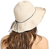 Double Couple Linen Wide Brim Summer Beach Sun Hat for Women Foldable Travel Packable UV Bucket Cap (Beige)