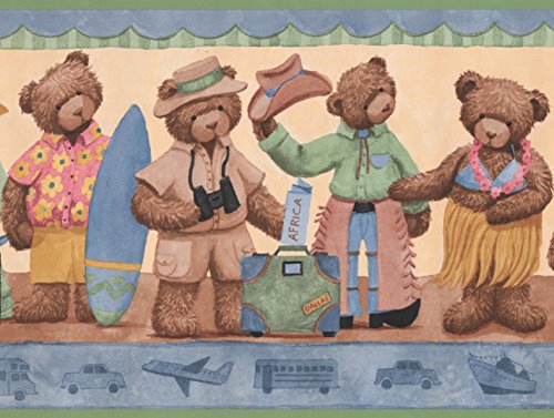 Teddy Bears in Costumes Yellow Beige Wallpaper Border Retro Design, Roll 15' x 10"