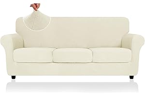 ZNSAYOTX 2025 Striped Sofa Covers 4 Piece, Super Stretch Couch Covers for 3 Cushion Sofa, Anti Slip Couch Slipcovers with Bottom Ties, Thick Durable Washable, Soft Cozy Protector (71"-91", Beige)