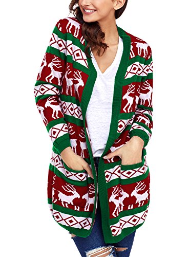 [- Happy Sailed Womens Reindeer Geometric Christmas Cardigan Sweater Pockets  -]