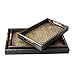 Set of 3 Dark Brown Wood and Woven Rattan Nesting Serving Trays with Cut-Out Handles