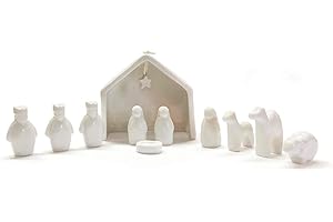 Two's Company Miniature Nativity Set, 11-Piece Porcelain White Christmas Figurine with Stable, Gift Box
