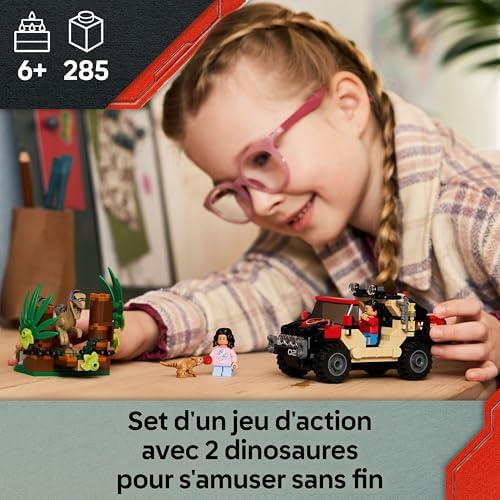 Jurassic World Le Vélociraptor et l’Évasion en 4x4, Jouet sur Le Thème des Dinosaures, Set de Construction et d’Aventure pour Enfants avec Véhicule, Cadeau pour Garçons et Filles dès 6 Ans 76972