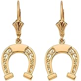 10K or 14K Yellow Gold Horseshoe Filigree-Style Dangle Leverback Earrings