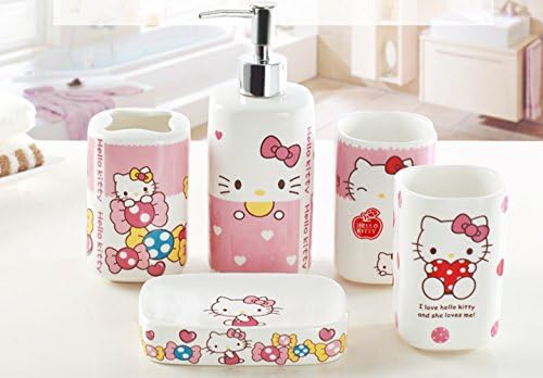 YOURNELO Cute Doraemon Hello Kitty Bathroom Accessories Set of 5 Pcs (Pink)