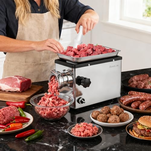 Anatole Professional Electric Meat Mincer 950W Stainless Steel Multifunctional Sausage Stuffing with 6/8/10mm/3-Hole Plate 2 Grinding Blades 1 Sausage Filler 220V