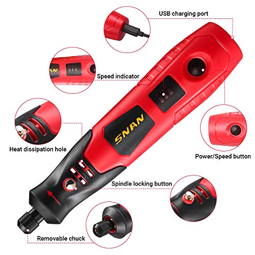 Cordless Rotary Tool, SNAN Mini Portable Rotary Tool Kit, 3.7V Li-ion 1500mAh with 80 Accessories, USB Charging, for Delicate & Light DIY Small Projects