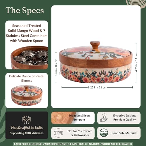 Brick Brown® Wooden Masala Box, Pastel Color, Enameled, for Kitchen, Spice Jars, Spice Rack, Masala Dani Organizer, Storage Box with 7 Containers and 1 Wooden Spoon (21.1 x 10.7cm)
